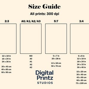 Op de afbeelding: Maattabel met afdrukformaten in inches en centimeters. Inclusief 2:3, A0/A1/A2/A3, 5:7 en 3:4 beeldverhoudingen. Met het logo "Digital Printz Studios".