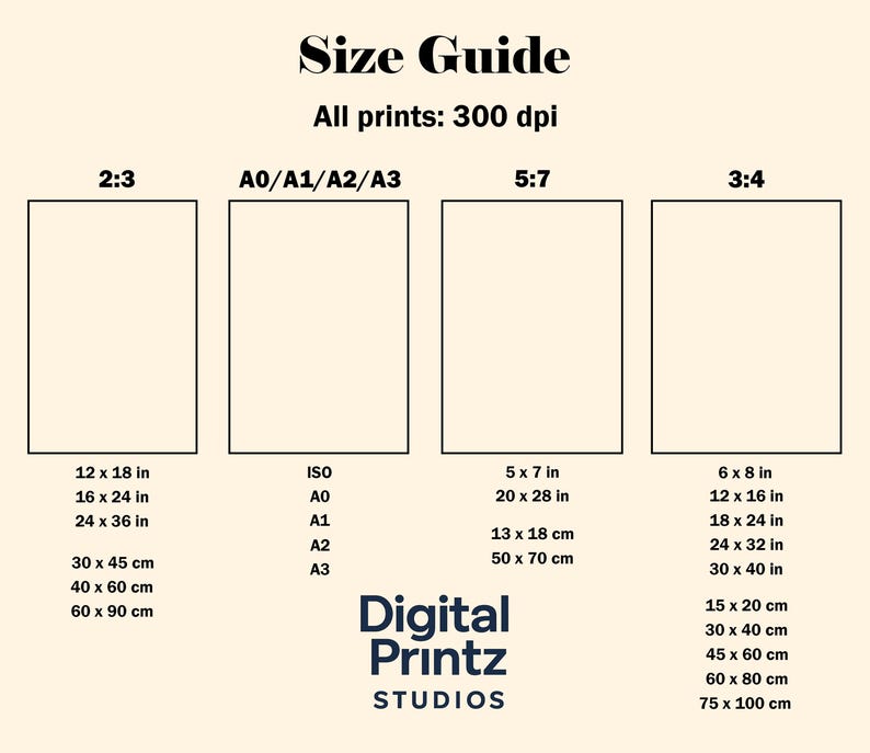 Op de afbeelding: Maattabel met afdrukformaten in inches en centimeters. Inclusief 2:3, A0/A1/A2/A3, 5:7 en 3:4 beeldverhoudingen. Met het logo "Digital Printz Studios".