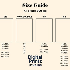 May include: A print size guide showing different aspect ratios and dimensions. Sizes include 12 x 18 inches, 16 x 24 inches, and 24 x 36 inches, plus ISO and metric sizes. The text "Digital Printz Studios" is at the bottom of the image.