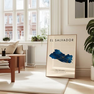 Kaart van El Salvador GEDRUKTE poster | Blauw en goud | Noord-Amerika | Aardrijkskundecadeau | Achtergrond: afbeelding 4