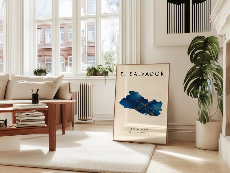 Kaart van El Salvador GEDRUKTE poster | Blauw en goud | Noord-Amerika | Aardrijkskundecadeau | Achtergrond: afbeelding 4