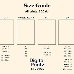 May include: A print size guide displaying dimensions in inches and centimeters. Formats include 2:3, A0/A1/A2/A3, 5:7, and 3:4, with sizes such as 12 x 18 inches and 30 x 45 cm. The text "Digital Printz Studios" is at the bottom of the image.
