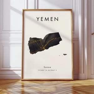 Jemen Landkarte DIGITAL Poster | Schwarz und Gold | Asien | Wand Kunst Druck | Wohnkultur | Geographie Karte Geschenk | Tapete