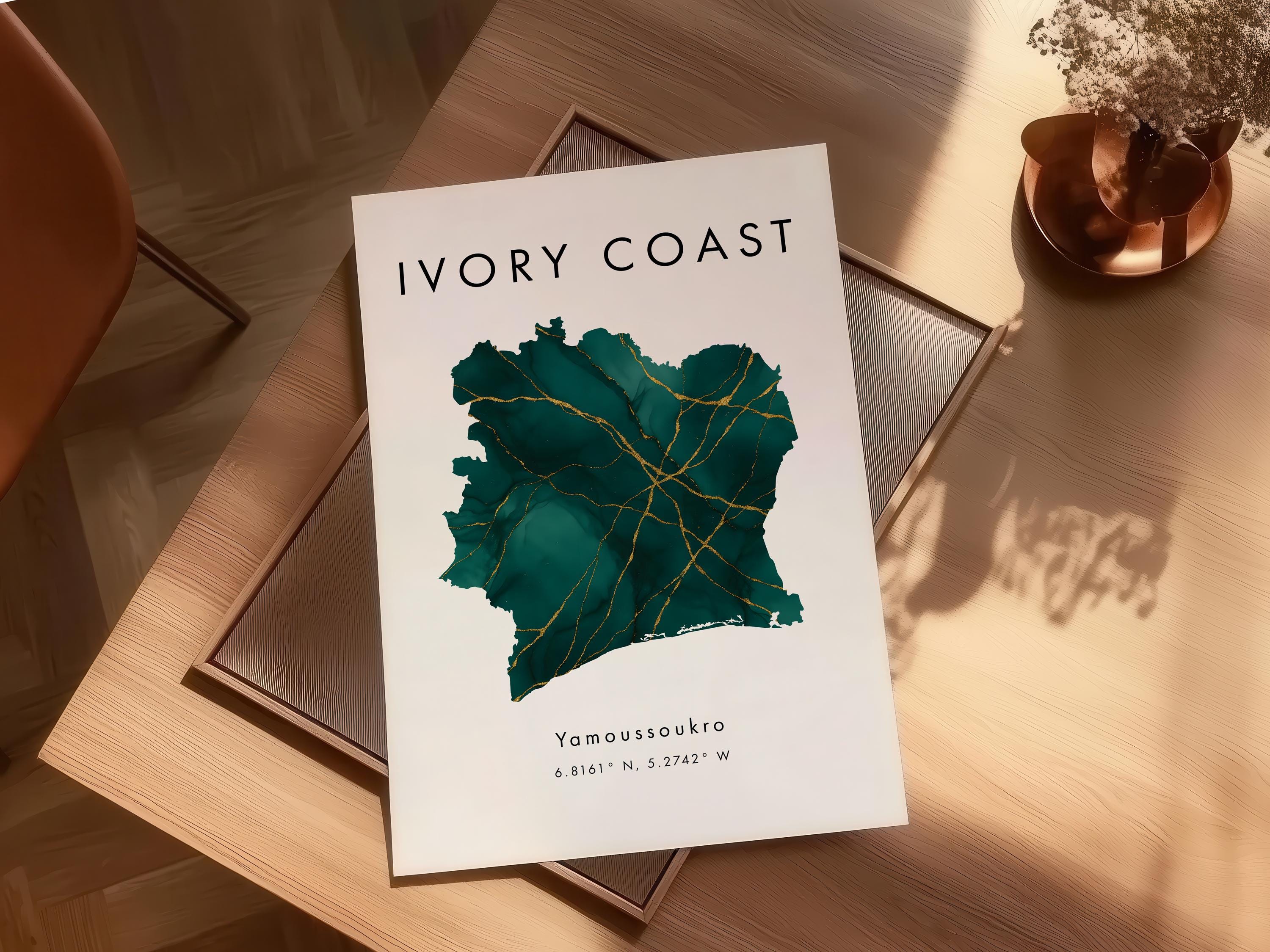 Ivory Coast Map PRINTED Poster | Green and Gold | Africa | Wall Art ...