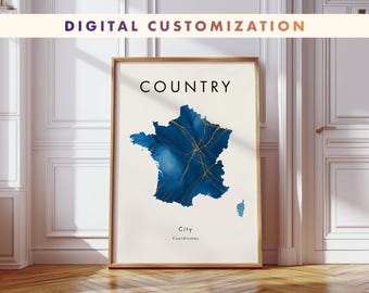 Pôster de mapa digital personalizado de país/estado/distrito | Pôster de mapa de cidade personalizado | Arte de parede com coordenadas | Pôster de presente de viagem