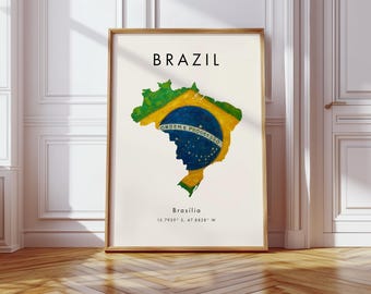 ブラジル地図プリント、ブラジル地図ポスター、ブラジル壁アート