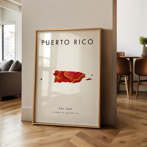 Puerto Rico Map PRINTED Poster | Red and Gold | North America | Wall Art Print | Home Decor | Geography Map | Gift | Wallpaper