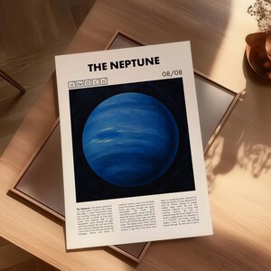 Peut inclure: Une affiche intitul&eacute;e "THE NEPTUNE" repr&eacute;sentant une illustration de la plan&egrave;te bleue avec des d&eacute;tails blancs en forme de nuages. L'affiche comprend la date "08/08" et du texte sur Neptune. L'affiche est sur une table en bois.