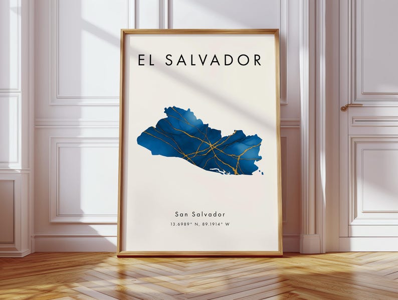Kaart van El Salvador GEDRUKTE poster | Blauw en goud | Noord-Amerika | Aardrijkskundecadeau | Achtergrond: afbeelding 3