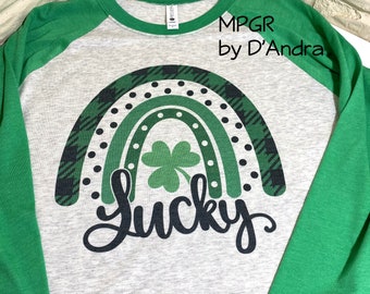 St Patricks Day Lucky Raglan Shirt Rainbow Plaid by MyPixieGirlsRuffles