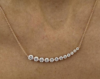 Graduated Diamond Bar Necklace, Dainty Curved Bar Necklace, Round Moissanite Collier Necklace, Wedding Anniversary Gift For Her,Fine Jewelry