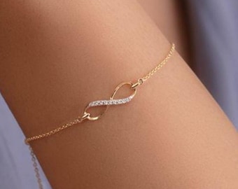 Infinity Bolo Bracelet, Moissanite Diamond Infinity Chain Bracelet, 14K Yellow Gold Infinity Charm Bracelet, Proposal Gift For Girlfriend