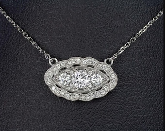 East West Art Navette Shape Necklace, Milgrain Art Deco Necklace, Round Moissanite Diamond Vintage Style Necklace, Wedding Pendant Necklace
