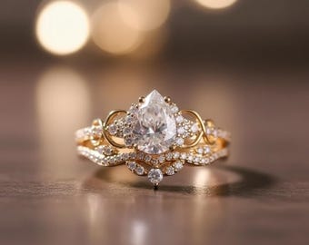 Nature Inspired Floral Ring Set, Pear Cut Moissanite Diamond Bridal Ring Set, Halo Engagement Ring Set, Half Eternity Stacking Band Ring Set
