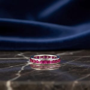 Dainty Full Eternity Stacking Band, Pink Princess Cut CZ Stone Engagement Band, Ruby Gemstone Band, Wedding Band For Women, Daily Wear Band