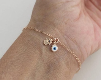 Hamsa Hand Evil Eye Bracelet, Lucky Charm Protection Bracelet, Fancy Stone Evil Eye Bracelet, Delicate Bracelet, Daily Wear Chain Bracelet