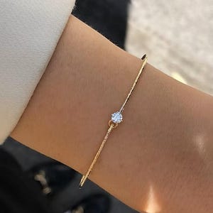 Delicate Bangle Bracelet, Round Cut Moissanite Diamond Solitaire Bracelet, Minimalist Dainty Bracelet For Her, Women's Engagement Bracelet