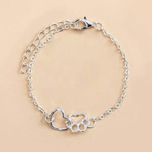 Heart & Pet Paw Bracelet,Dog Paw Bracelet,Dainty Paw Print Bracelet,Open Heart Bracelet For Her,925 Silver Cat Paw Bracelet, Dog Lover Gift
