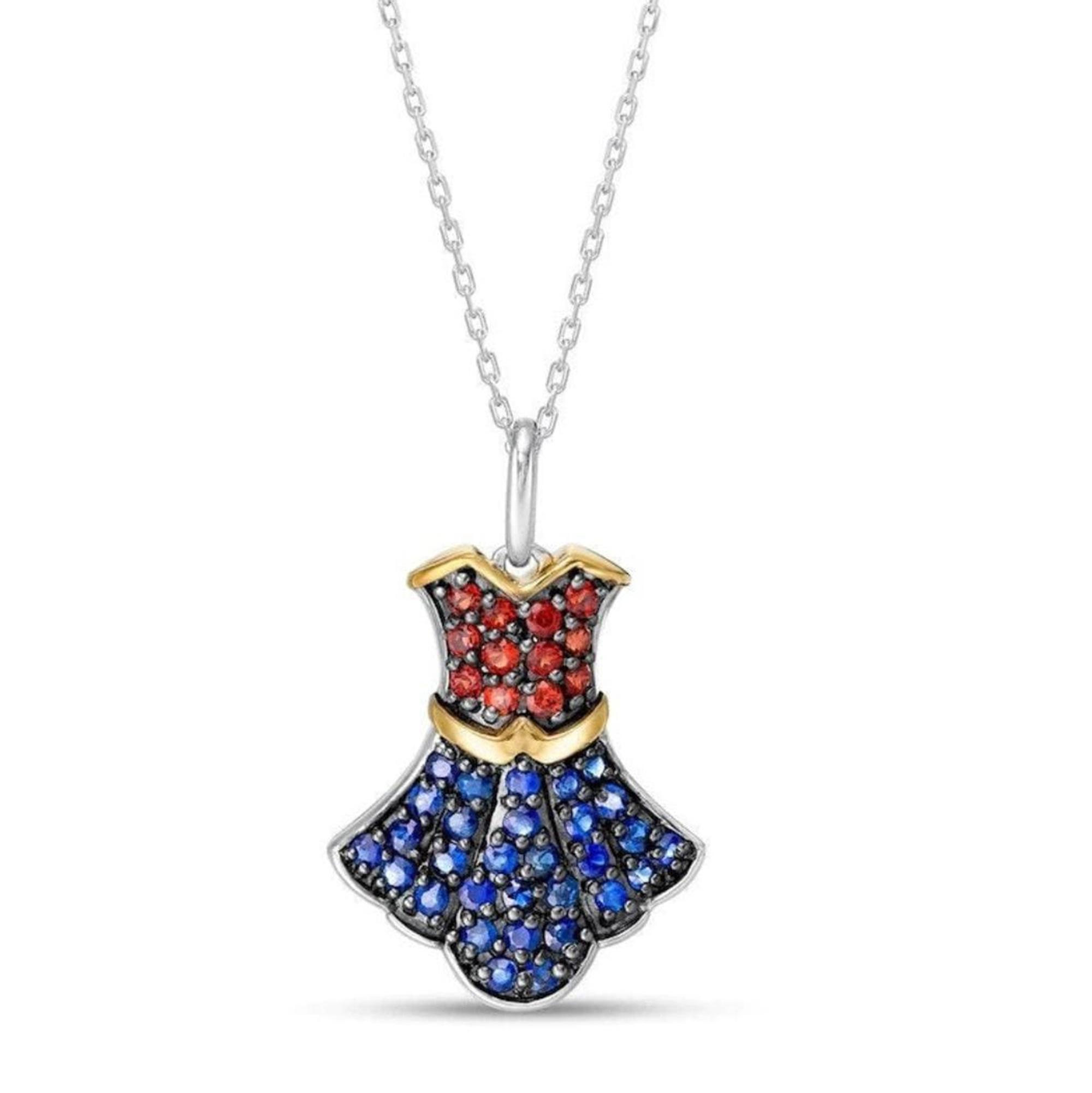 Sapphire Gemstone Dress Shaped Pendant, Red & Blue Round CZ Stone Women&#39;s Necklace, Wonder Women Dress Pendant Necklace, Mother&#39;s Day Gift