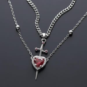 Two Piece Matching Necklaces, Heart And Sword Couple Necklace Set, Ruby Heart CZ Stone Necklace, Lovable Couple's Necklace, Romantic Jewelry