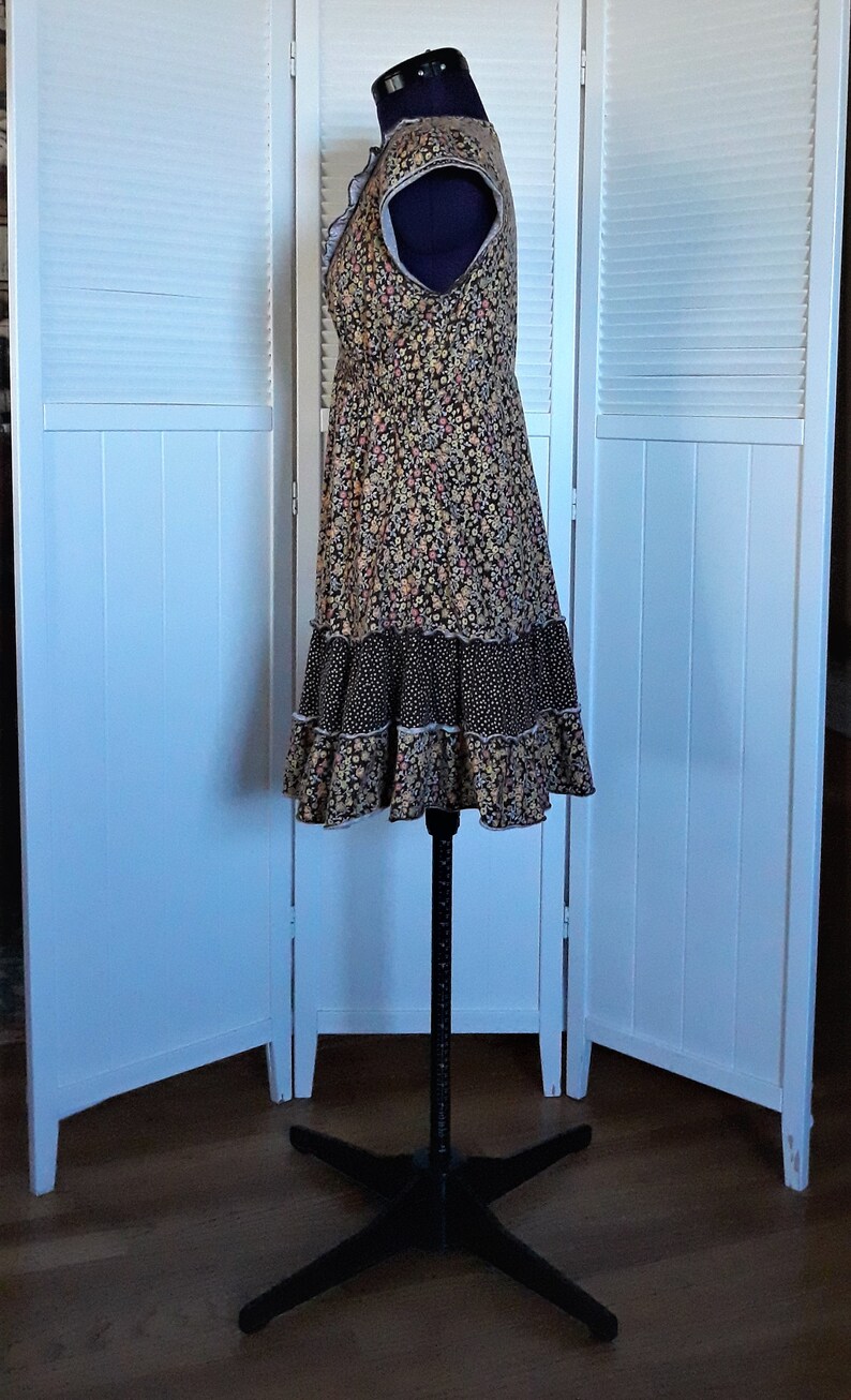 Mini Dress Long Peasant Top Junior Size L Brown Yellow Floral Print Ruffles Polka Dots