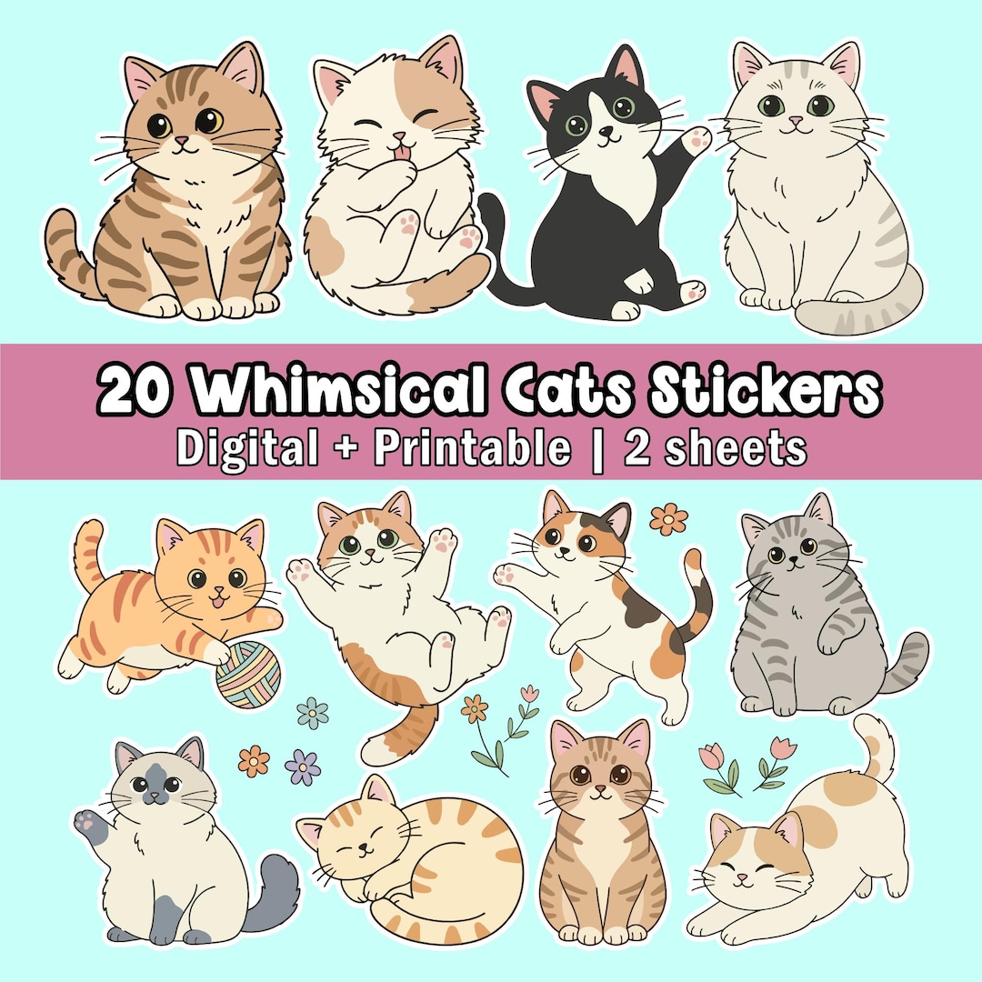 Whimsical Cat Stickers: Kawaii Digital Stickers for Planner & Journal ...