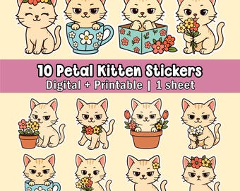 Kawaii Cat Stickers: Floral Kitten Digital Stickers for Planner & Journal (1 Sheet, PNG + PDF)