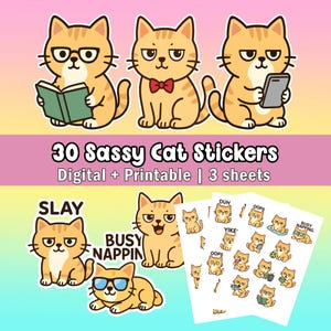 30 Cute Cat Stickers Bundle | Digital PNG Stickers for Planners | Funny Cat Clipart PNG | Kawaii Cat Expressions | Instant Download