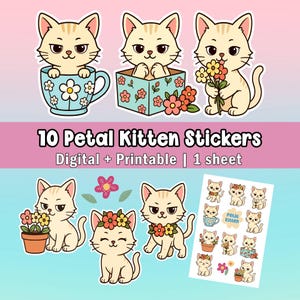 10 Cute Cat Sticker, 1 Sheet | Digital Kawaii Stickers for Planners, Journals, GoodNotes | PNG + PDF | Instant Download
