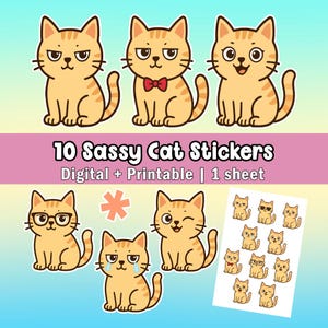 10 Cute Cat Stickers, 1 Sheet | Digital PNG Stickers with Moods & Expressions for Planner, Journal, Scrapbook | Instant Download