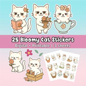 25 Süsse Katzen Aufkleber, 3 Bögen | Digitale Kawaii Aufkleber für Planer, Journals, GoodNotes |  PNG + PDF | Sofort Download