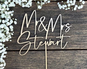 Mr and Mrs Wedding Topper, Custom Cake Toppers with Modern Cursive Script Surname