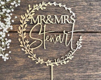 Personalised Wedding Cake Topper – Floral Wreath – Mr & Mrs Surname Design