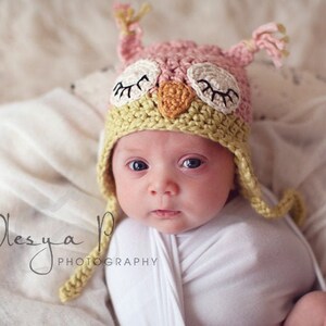 Organic baby hat // organic owl hat, cotton baby hat, sleepy owl hat, Photo Prop