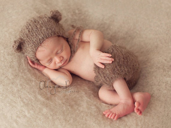 Newborn Mohair Bear Bonnet and Shorts Set, Baby Bear Hat, Newborn