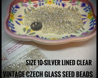 Vintage Size 10 Czech Glass Seed Beads - Silver Lined Clear