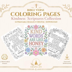 Peut inclure: Une collection de pages de coloriage de versets bibliques comprenant trois feuilles rectangulaires avec des bordures florales et du texte. La page centrale est colorée en tons pastel avec le texte Kind Words Are Like Honey Proverbs 16:24.