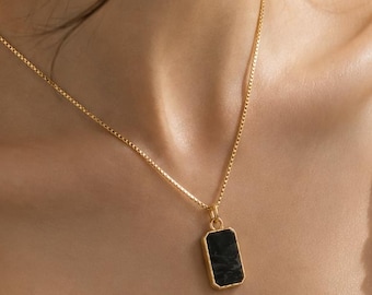 Buy 3 get 33% Off Gold Tone Rectangle Black Stone Pendant Necklace, Minimalist Geometric Jewelry