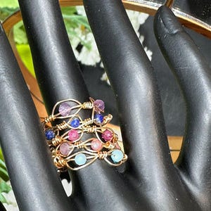 Gemstone Wire Wrapped Ring Set – Handmade Adjustable Crystal Rings, Healing Energy Jewelry, Dainty Stackable Boho Style