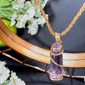 Wire Wrapped Amethyst Pendant – Raw Crystal Healing Stone Charm for Protection, Calm and Spiritual Energy
