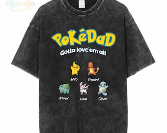 Custom Vintage Pokedad Shirt With Kids Name, Personalized Pokemon dad Tee, Father's Day Gift, Gift For New Dad, Pokemon Shirt Gift