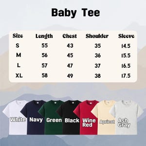 May include: Image of a baby tee shirt in various colors, including white, navy, green, black, wine red, apricot, and ash gray. The image also includes a size chart with measurements for length, chest, shoulder, and sleeve in centimeters.