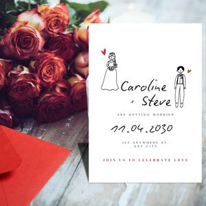 Minimalist Wedding Invitation Template, Cute Bride & Groom Cartoon, Editable Digital Invite, Modern Handwritten Design, Instant Download
