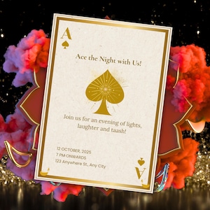 May include: A gold-bordered invitation card with the Ace of Spades. The text reads "Ace the Night with Us!" and details for an event. The background features red and purple smoke and gold glitter, creating a festive atmosphere.