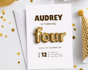 Einladung zum 4. Geburtstag, Einladung zum vierten Geburtstag, Einladung zum vierten Geburtstag, Einladung zum vierten Geburtstag, geschlechtsneutrale Geburtstagseinladung