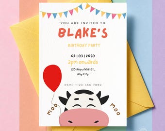 Farm Birthday Invitation, Cow Birthday Invitation, Barnyard Birthday Invitation, Farm Animal Birthday Party Invite, Kids Birthday Invitation