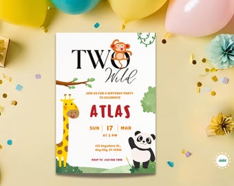 Birthday Invitation Two Wild Safari Theme Kids Party Editable Jungle Animal Second Birthday Invite Canva Template Instant Evite