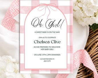 Plantilla de invitación para baby shower, invitación para baby shower de niña, invitación para baby shower con temática de gingham rosa, invitación para baby shower de niña