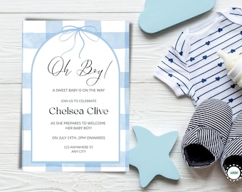 Baby Shower Invitation Cute Baby Shower Editable Canva Blue Checkered Baby Sprinkle Invite Printable Baby Celebration Card