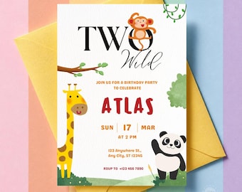 Two Wild Birthday Invitation, 2nd Birthday Invitation Template, Safari Birthday Invitation,  Gender Neutral Birthday Invitation, Digital